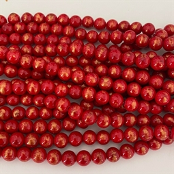 8 mm rød farvet jade perler med guldstøv