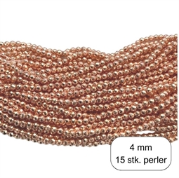 4 mm Rosaguld farve hæmatit perler. Der er 15 stk. perler i posen.