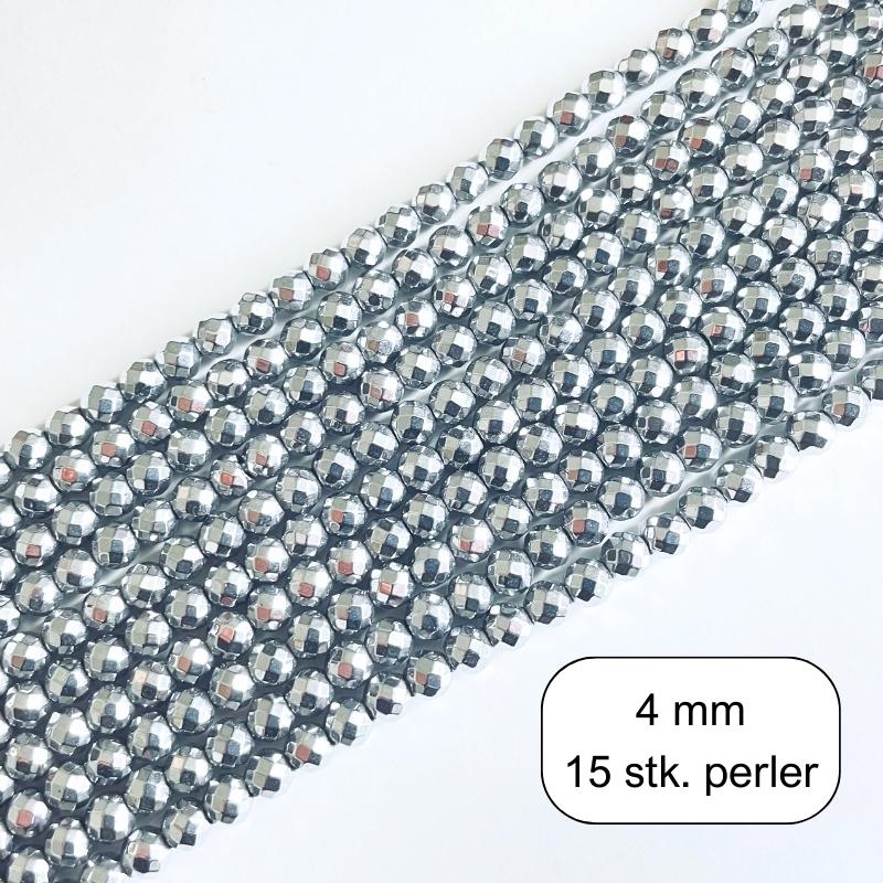 15 stk. 4 mm Hæmatit, Sølvfarvet perler