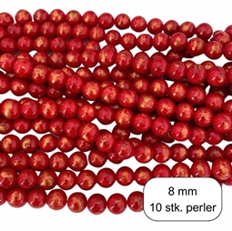 10 stk. 8 mm Rød farvet jade med guldstøv perler