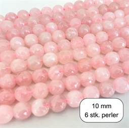 Rosakvarts perler, facet 10 mm, 6 stk.