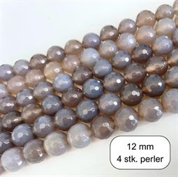 Grå onyx perler, facet 12 mm,  4 stk.