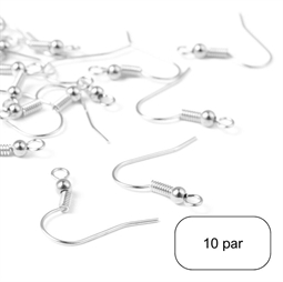 Forsølvet ørekroge med kugle og spiral. Der er 10 par i posen