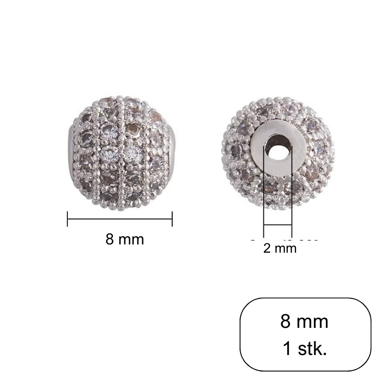 8 mm perle med klare cubic zirkonia sten